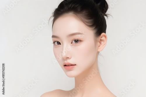 Female Asian Model with Short Hair - Young Beautiful Woman with Hair Bun - Studio Portrait of Asian Beauty for Fashion, Cosmetic, Skincare - Posing on White Background - Smooth Tied Hair