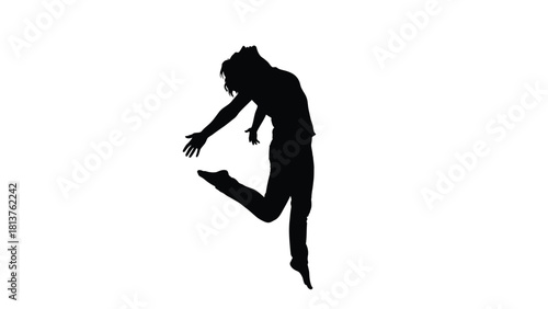 Dynamic silhouette vector illustration of a young man jumping or dancing in the air, expressing freedom, energy, and joy against a white background.