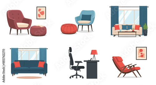Collection of modern interior furniture pieces and decor items for home and office living spaces, showcasing a variety of styles in vector art