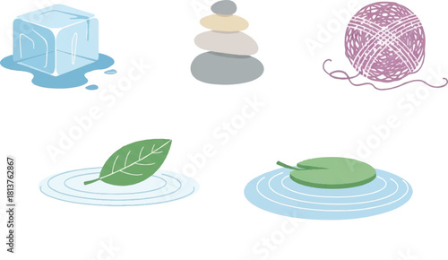 Pixel art illustration of ice cube stones yarn and leaves representing nature elements