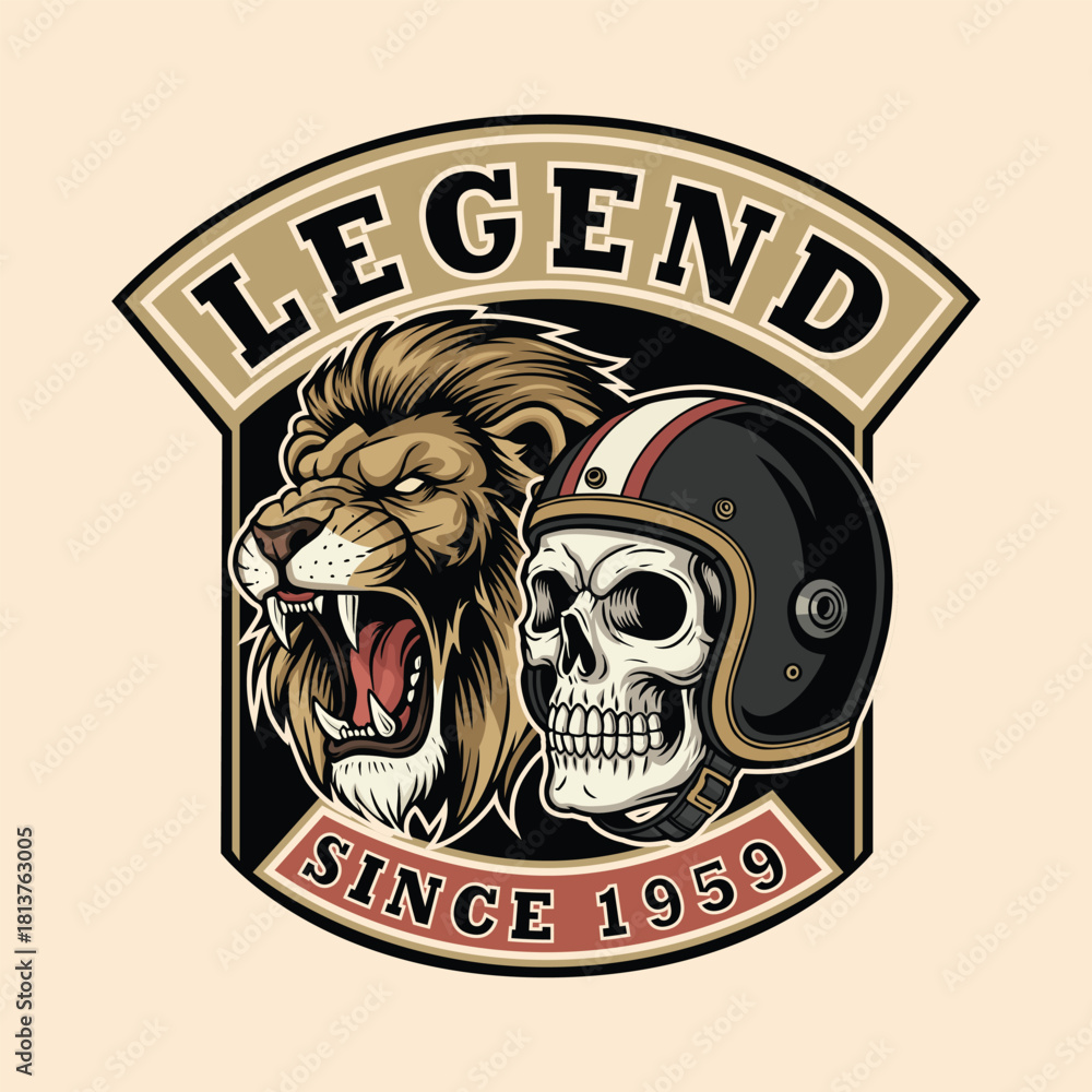 Fototapeta premium Bold emblem features a roaring lion and skull wearing motorcycle helmet, a symbol of fearless spirit and timeless legacy since 1959 for apparel designs