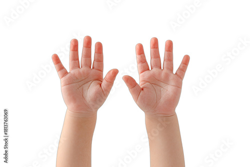 Frontal view of two small hands with open palms raised against a black background