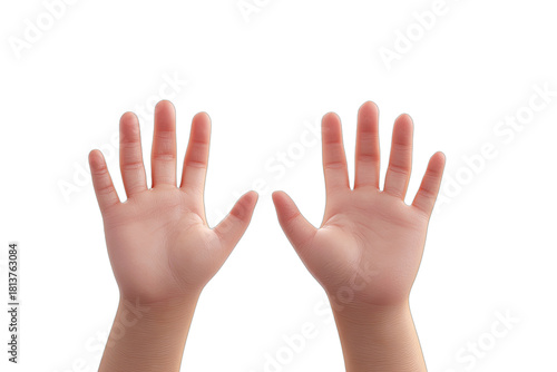 Two light-skinned child hands, palms open and facing forward against black background