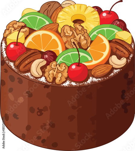 Close-up illustration of a chocolate cake topped with fruit and nuts on a white background.