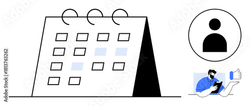 Tabletop calendar with dates marked, user profile icon, and person using a smartphone with a thumbs-up sign. Ideal for planning, appointments, organization, teamwork, time management, prioritization