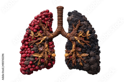Artistic representation of human lungs, one healthy red, one diseased black, on clear background