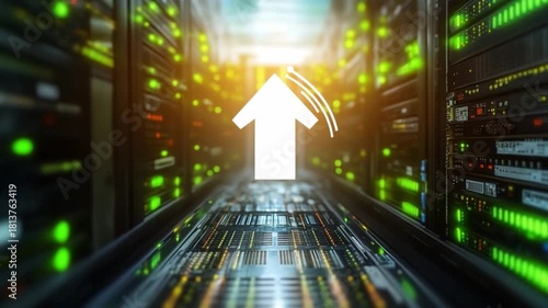 Data Center Ascent: An evocative image of a data center, highlighted by a radiant upward-pointing arrow. The scene, with its high-tech servers and atmospheric lighting, suggests growth, progress.