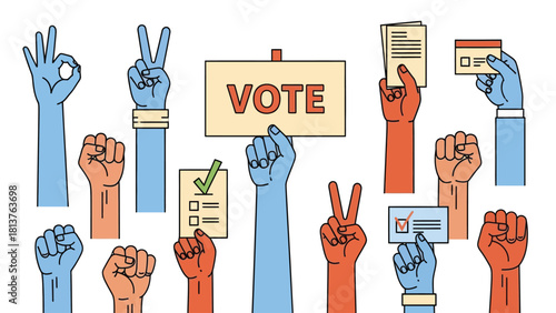 Diverse Group of Raised Hands Holding Voting Materials and Making Protest Gestures | Election and Civic Rights Vector Illustration