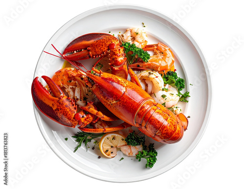 Top View of Seafood Platter with Lobster on White Plate on Transparent Background