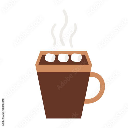 Hot chocolate mug with marshmallows and steam on a white background