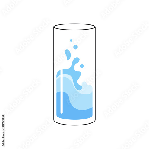 Tall glass with blue liquid and splash effect on a white background