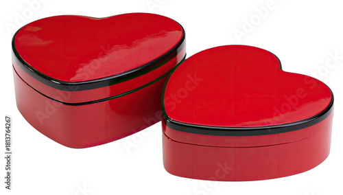 Two glossy red heart-shaped gift boxes with black rims on a black background (1)