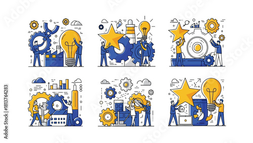 Innovation and Idea Generation Process Vector Illustrations Set. Business team collaboration, engineering mechanism development, and startup concept collection.