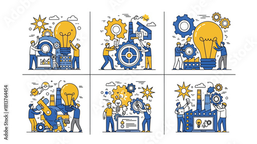 Business Innovation and Industrial Development Process Vector Set. Teamwork, Idea Generation, Engineering, and Manufacturing Concepts.