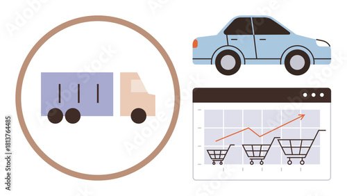Delivery truck and car alongside a sales chart featuring rising trends in shopping cart growth. Ideal for e-commerce, delivery services, shipping, business analysis, logistics, retail strategy