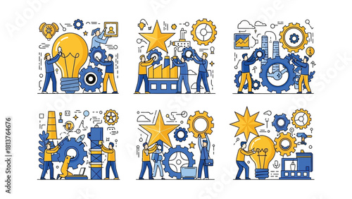 Business Teamwork, Innovation, Engineering Process, and Success Concept Vector Illustration Set