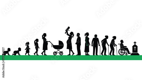 Human Life Cycle Stages Timeline Vector Illustration depicting Aging Process from Birth to Death