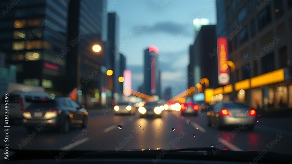 Naklejka premium Nighttime city driving view through a windshield, urban lights and reflections.