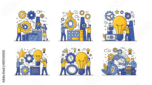 Business Innovation, Production, and Teamwork Vector Concept Set. Line art illustrations showing idea generation, industrial development, and working processes with gears and light bulbs.