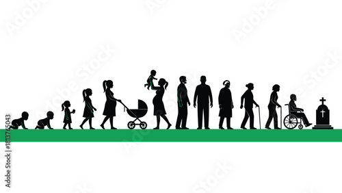 Human Life Cycle Stages Silhouette Vector Illustration from Birth to Old Age and Death
