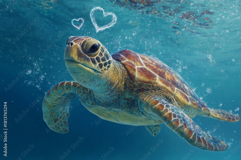 Fototapeta premium Cute sea turtle swimming underwater with soft sunlight and playful heart doodles creating a charming ocean wildlife scene with vibrant blue tones and friendly marine mood 
