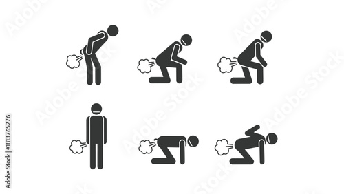 Flatulence Stick Figure Icon Set. Farting man pictogram collection showing various poses for humor, health, or informational graphics.