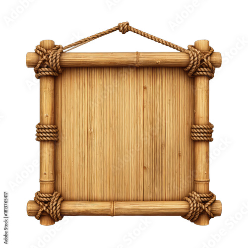 Rustic square bamboo sign with a blank wooden panel, tied with rope and hanging