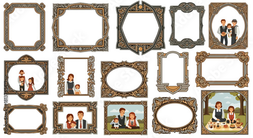 Collection of ornate vintage frames and borders with illustrative family portraits
