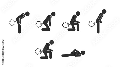 Farting Pictograms Set. Icons Showing a Person Passing Gas in Various Poses. Flatulence or Digestive Problems Vector Illustration.