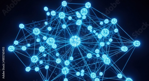 Abstract Network Connection with Glowing Blue Nodes and Lines on Dark Background.