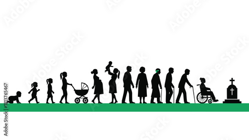 Stages of Human Life Cycle Silhouette Vector Illustration from Infancy to Old Age and Death