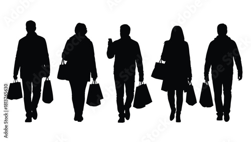 Silhouettes of People Walking with Shopping Bags. Group of diverse consumers carrying purchases, isolated black vector illustration on white background.