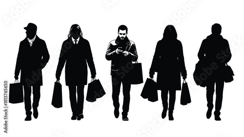 Silhouettes of Five People Walking with Shopping Bags and Mobile Phone Use, Consumer Group in Winter Coats, Black and White Isolated Vector Illustration