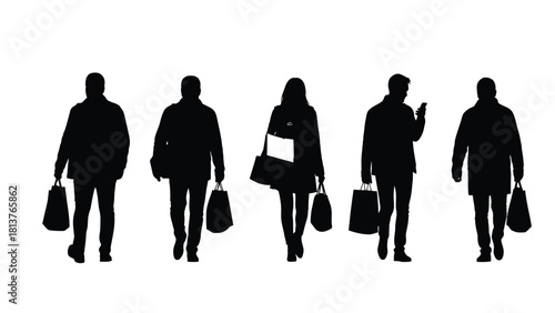 Vector Silhouettes of People Walking and Shopping, Carrying Bags - Diverse Crowd Figures Isolated on White Background