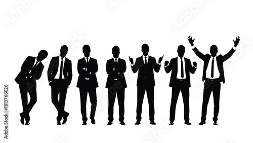 Set of diverse business men silhouettes in various poses including pointing, success, and confidence