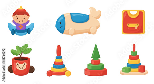 A charming collection of vibrant cartoon illustrations featuring baby items and playful toddler toys, perfect for early childhood development concepts