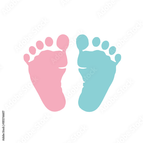 A pair of baby footprints one pink and one blue symbolizing gender