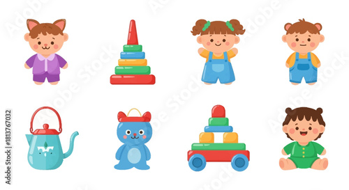 Adorable Cartoon Toy Collection Stackable Pyramid, Cute Doll, Charming Kettle, and Playtime Fun!