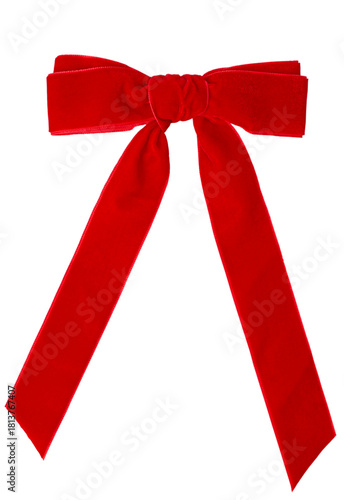 A single bright red fabric bow with long tails is neatly tied and centered on a clean white background. 