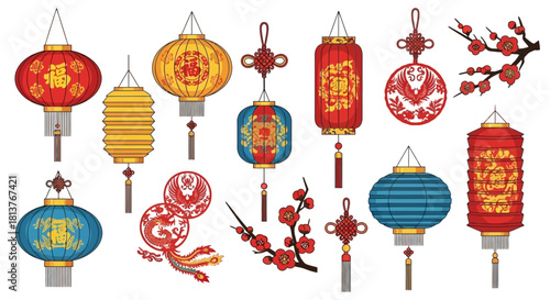 Chinese lanterns and decorations, festive traditional hanging ornaments