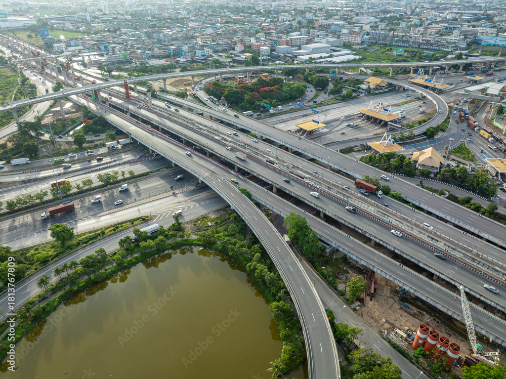 Naklejka premium Aerial view construction site building of junction city downtown transport road with crane