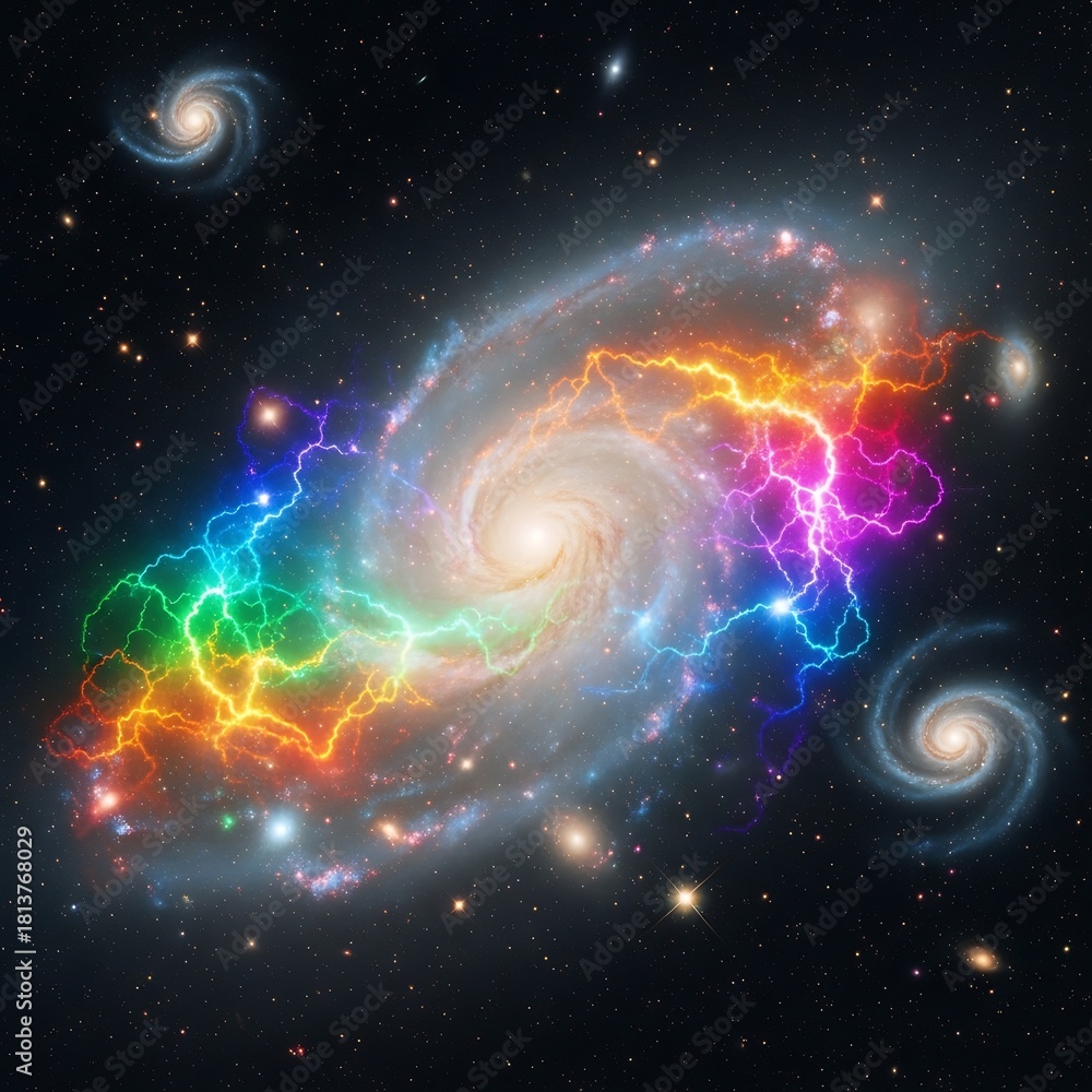 Obraz premium Vibrant Rainbow Lightning Galaxy Swirls in Deep Space.