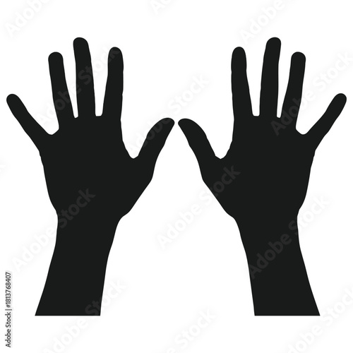 Two silhouetted hands raised upwards palms facing forward simple graphic