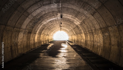 Fototapeta Naklejka Na Ścianę i Meble -  Light, shines, through, concrete, tunnel. Modern urban tunnel with glowing exit, conveying hope, direction, perspective, and a sense of journey ahead.