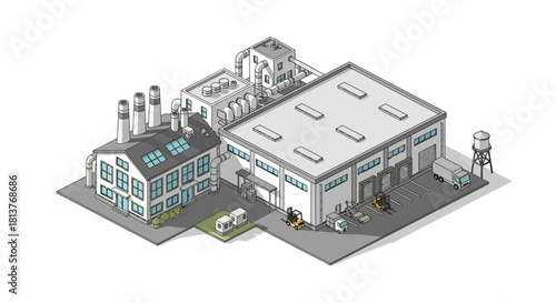 Isometric vector illustration of a modern industrial factory plant and logistics warehouse with transport vehicles