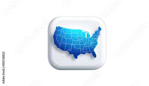 Glossy blue United States map icon on a white rounded square button