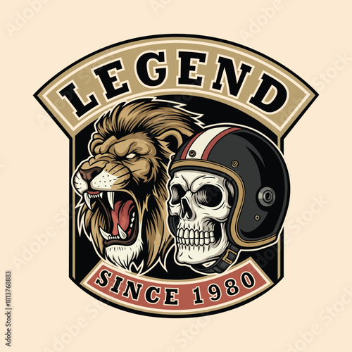 Bold legend design featuring a roaring lion and a skull wearing a helmet, a vintage emblem perfect for motorcycle clubs and apparel branding