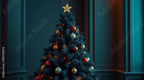 High-Resolution Christmas Tree in Rich Deep Teal with Luxurious Vibrant Commercial Lighting