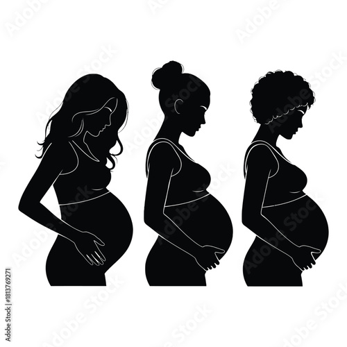 Silhouettes of three pregnant women showcasing stages of pregnancy development