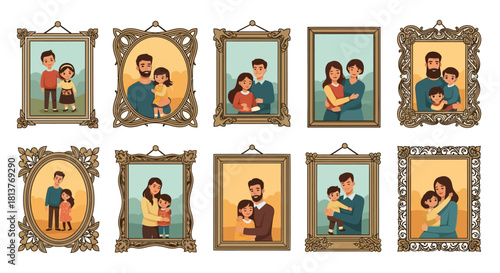 Illustrated collection of diverse family portraits in ornate frames, celebrating love, togetherness, and cherished memories across generations